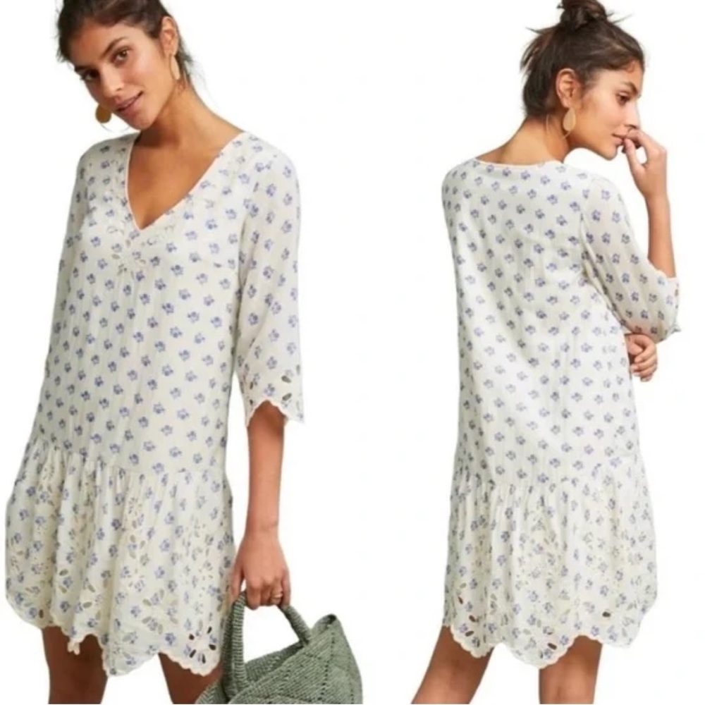 Anthropologie Cream and Blue Floral Dress